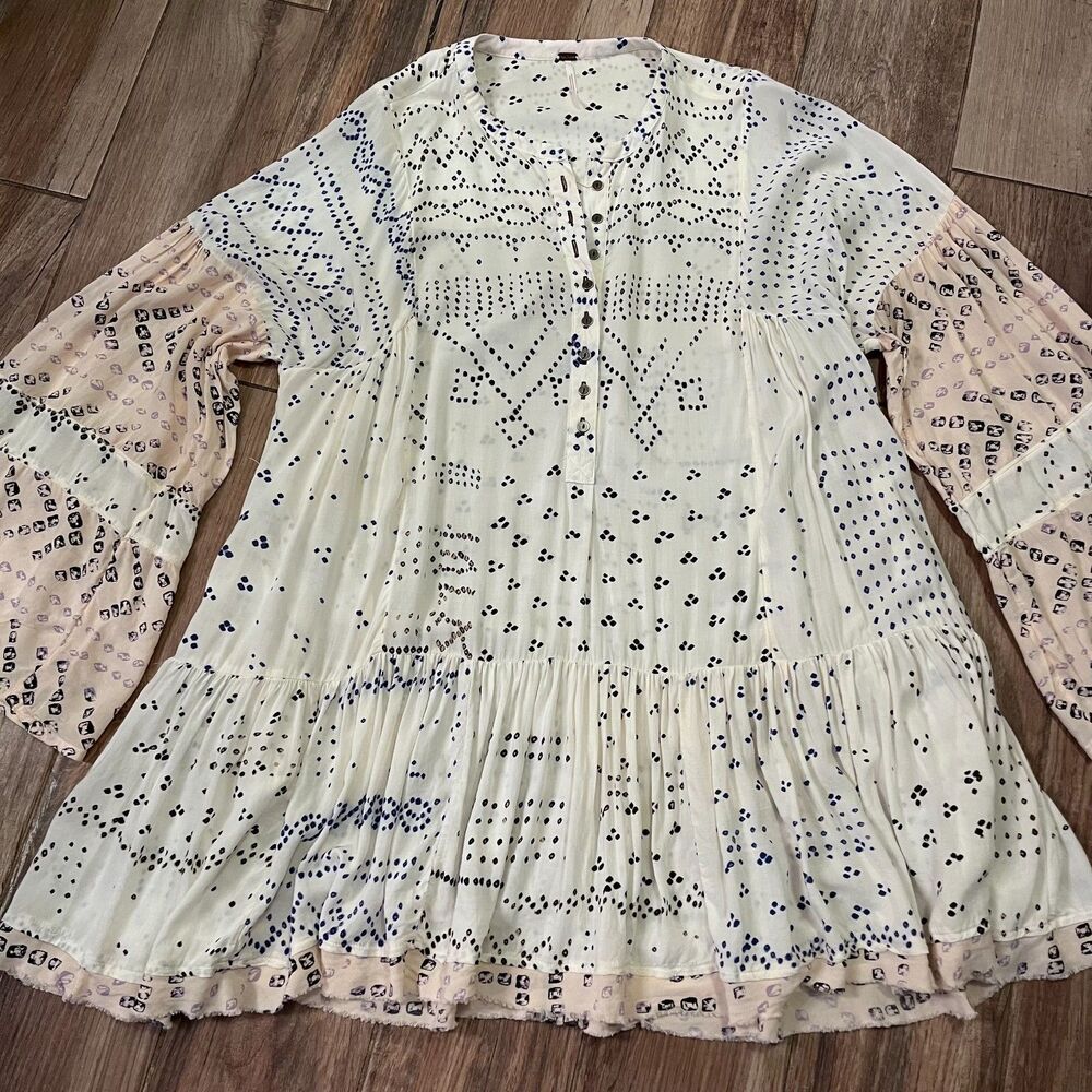 Free People Boho Shibori Ivory Tunic Blouse Top Size Medium